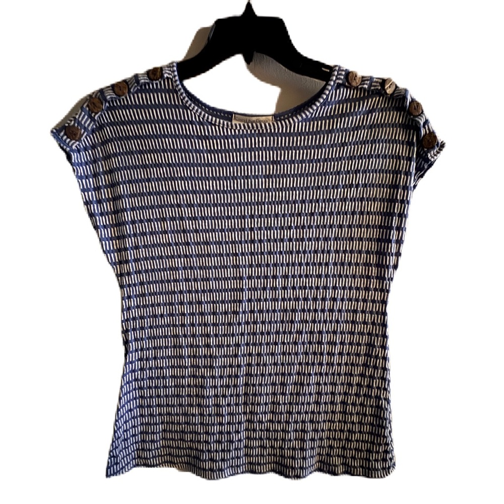 Grand Ave Design Blue WhiteRibbed Cap Sleeve with Buttons Top 1x